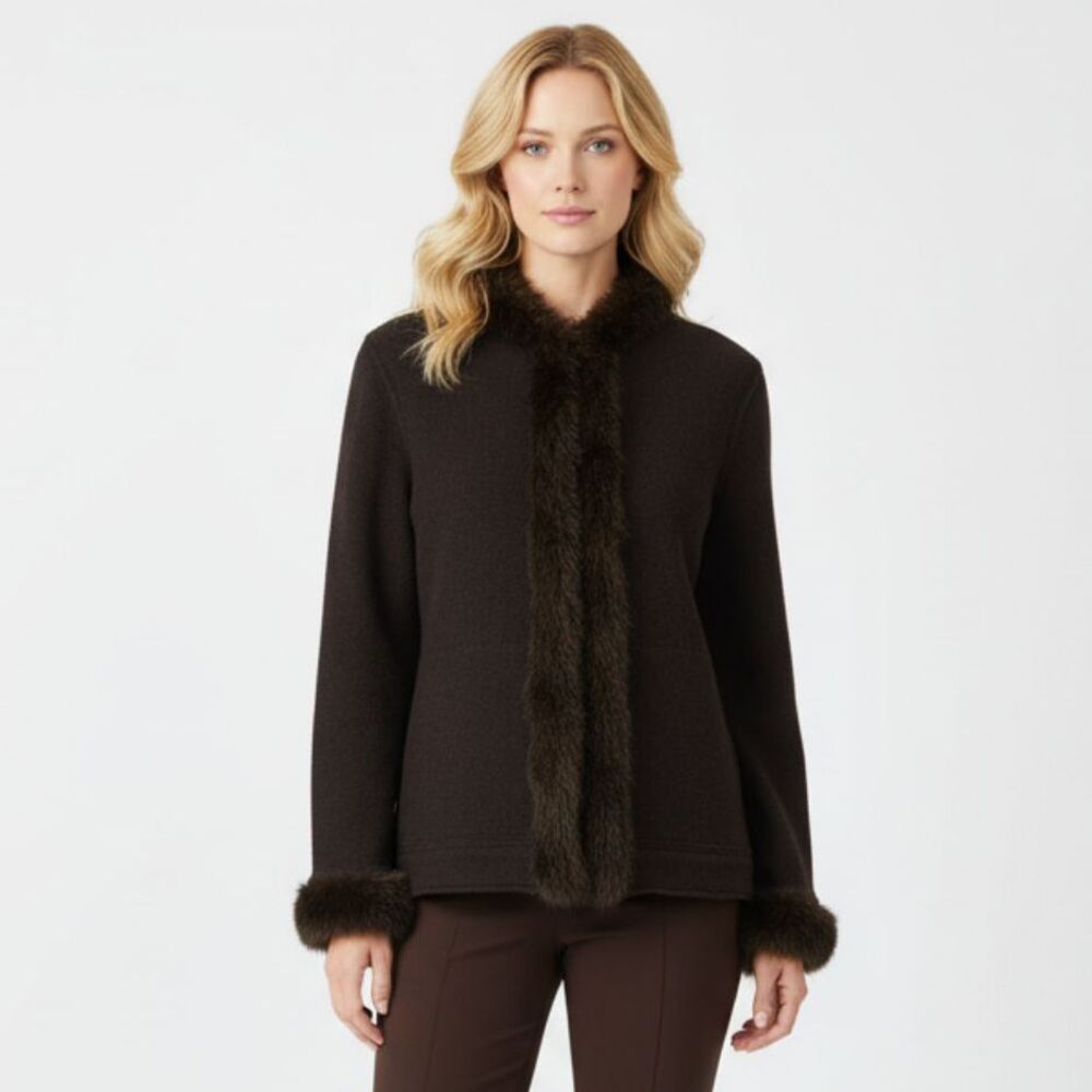 Hillary Radley 100% Wool Brown Fur Trim Knit Long Sleeve Sweater M